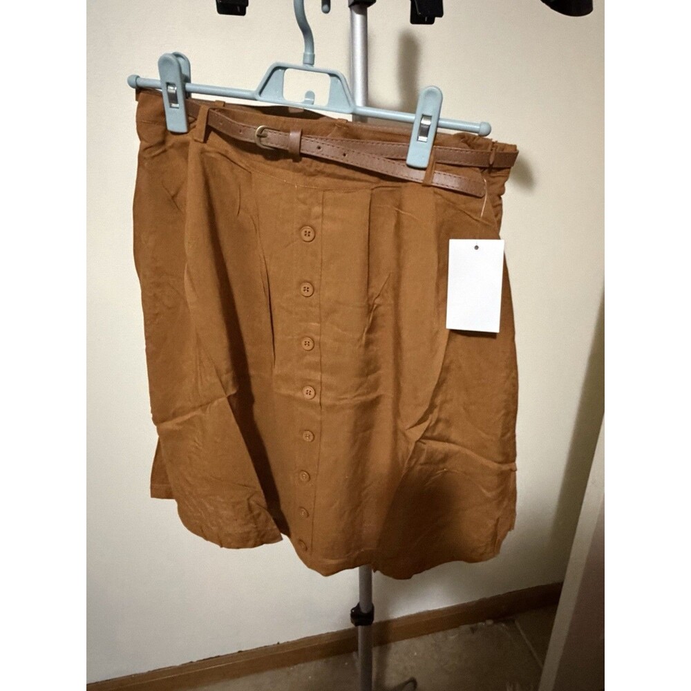 Tulip B Womens L Brown Solid Button Front Belted A-Line Short Skirt Pockets